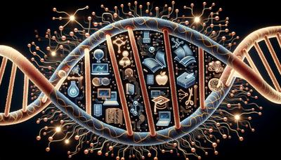 Fios de DNA com símbolos educacionais e diagramas de circuitos