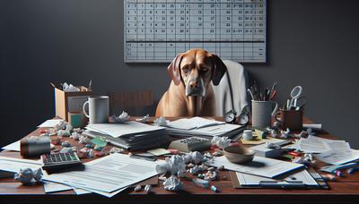 Cane che sembra triste vicino agli oggetti di una persona stressata.