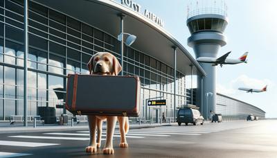 Hond met een koffer bij een luchthaven terminal.