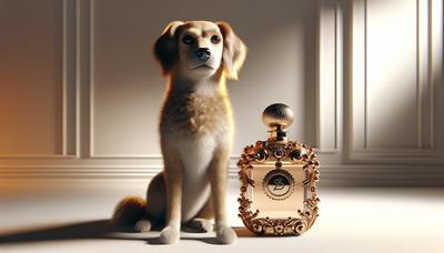 Perro con botella de perfume Dolce & Gabbana cerca.