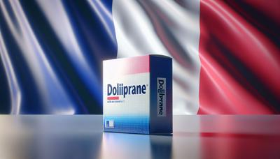 Boîte de Doliprane avec drapeau français en arrière-plan.