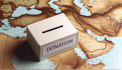 Donatiebox met kaart van het Midden-Oosten op de achtergrond.