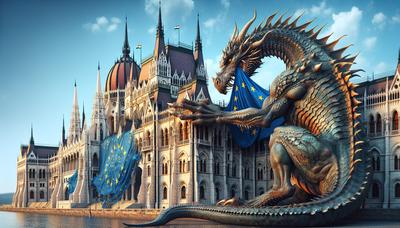Drache, der mit dem ungarischen Parlamentsgebäude und der EU-Flagge interagiert.