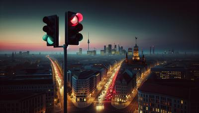 Dramatische Ampel über der Berliner Stadtsilhouette in der Dämmerung.