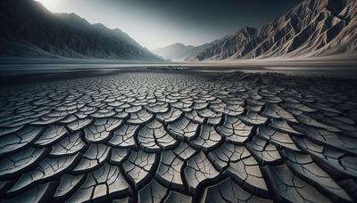 Leito de lago seco revelando solo rachado e paisagem desolada.