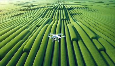 Dron volando sobre campos de cultivo verdes y frondosos.