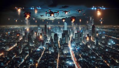 Des drones survolant la ligne d'horizon d'une ville nocturne avec des explosions.