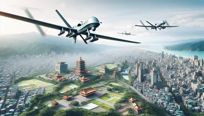 Drones voando sobre Taiwan com equipamento militar.