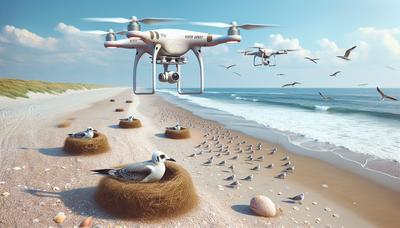 Drones sobrevoando praias com aves nidificando em perigo.