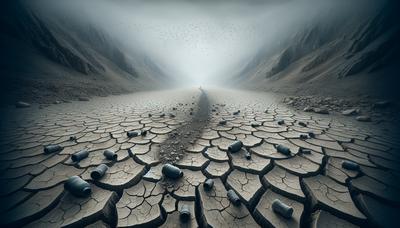 Letto del fiume asciutto con terra screpolata e contenitori d'acqua vuoti.