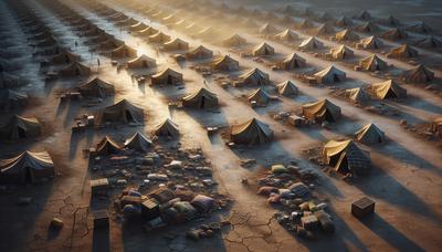 Campamento de refugiados polvoriento con tiendas de campaña y escasos suministros de comida.