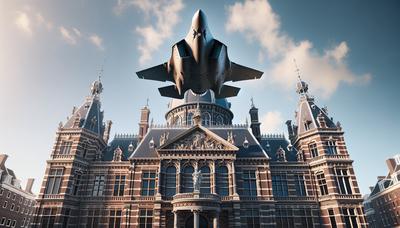 Bâtiment de tribunal néerlandais avec illustration de jet F-35