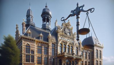 Nederlands gerechtsgebouw met symbool van weegschaal van gerechtigheid.