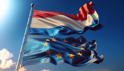 Nederlandse vlaggen en EU-vlag op de achtergrond.