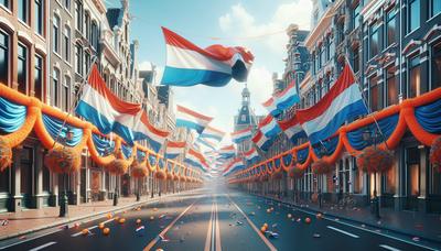 Nederlandse vlaggen en oranje versieringen in de stadstraten.