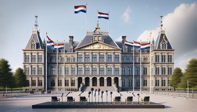 Nederlands parlementsgebouw met vlaggen en microfoons getoond