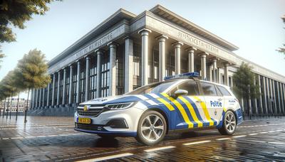 Nederlandse politieauto voor gerechtsgebouw.