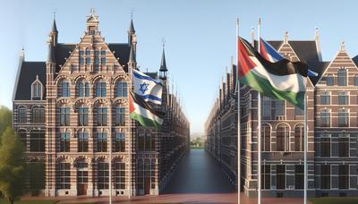 Nederlandse universiteitsgebouwen met Israëlische en Palestijnse vlaggen.