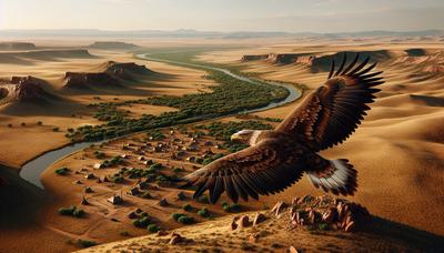 Águila sobrevolando un paisaje de reserva nativa americana.