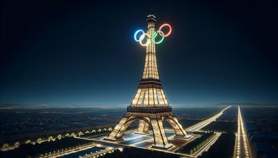 Tour Eiffel décorée avec des anneaux olympiques la nuit.