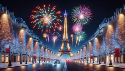 Feu d'artifice Tour Eiffel lumières colorées Champs-Élysées décorés