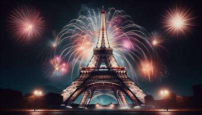 Tour Eiffel brillant sur fond de feux d'artifice.