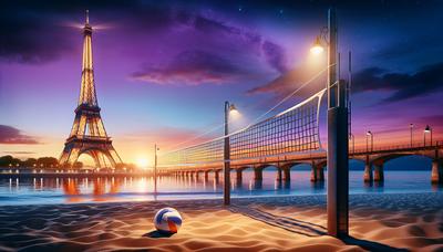 La Tour Eiffel brillant au-dessus d'un jeu de beach-volley au crépuscule.