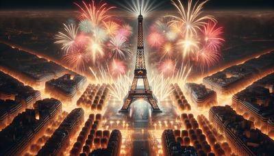 Tour Eiffel illuminée feux d’artifice sur célébration des Champs-Élysées.