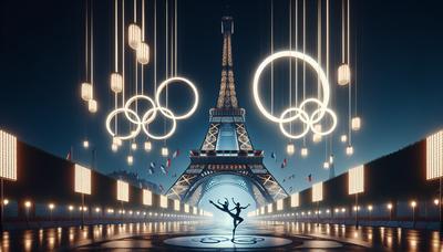 Tour Eiffel illuminée anneaux olympiques danseurs célébrant.