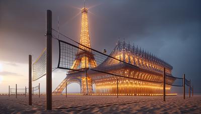 Tour Eiffel illuminée filet de volleyball sable de plage soir.