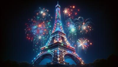 Tour Eiffel illuminée avec des lumières colorées et des feux d'artifice.