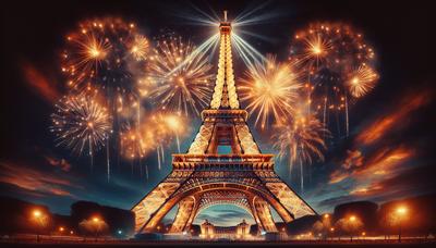 Tour Eiffel illuminée avec feux d'artifice et lumières dorées.