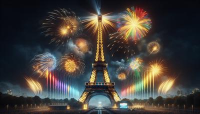 Tour Eiffel illuminée avec des feux d'artifice et les couleurs olympiques.