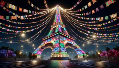 Tour Eiffel illuminée de lumières vives et de banderoles colorées.