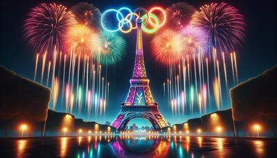 Tour Eiffel illuminée avec les couleurs olympiques, feux d'artifice au-dessus.