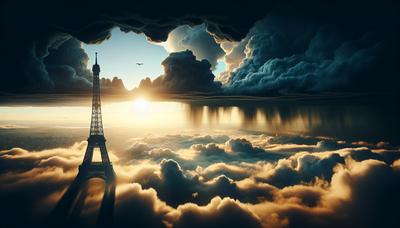 La tour Eiffel ombragée par des nuages d'orage et du soleil.