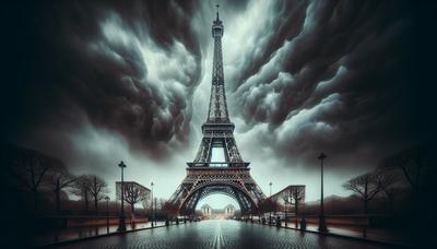 Tour Eiffel enveloppée dans un ciel couvert et sombre.