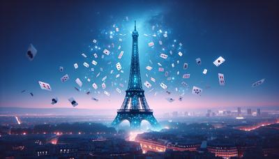 Silhouette de la tour Eiffel avec des cartes à jouer numériques.