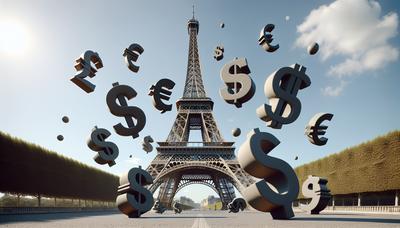 Torre Eiffel cercada por símbolos de dívida gigantes.