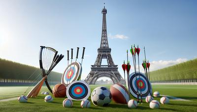 "La tour Eiffel avec des cibles de tir à l'arc et du matériel de sport"