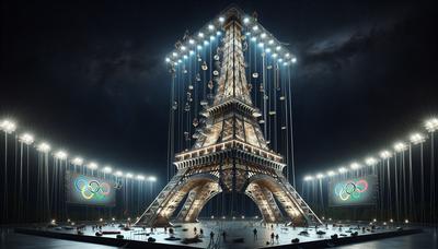 Tour Eiffel avec équipement d'escalade pendant la nuit des Jeux Olympiques.