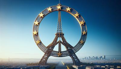 Tour Eiffel avec des symboles de l'Union européenne et de paix.