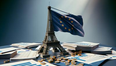 Tour Eiffel avec le drapeau de l'Union européenne et des documents budgétaires.