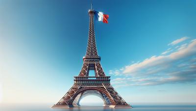 Tour Eiffel avec drapeau français contre ciel bleu.