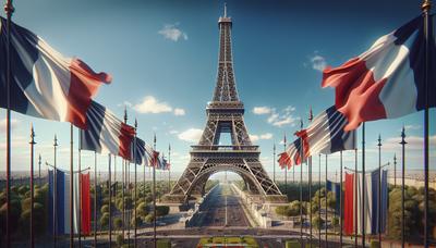 Tour Eiffel avec des drapeaux français et des banderoles historiques