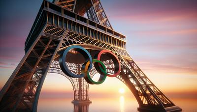 Tour Eiffel avec des anneaux olympiques et coucher de soleil calme.