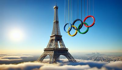 Tour Eiffel avec des anneaux olympiques et un ciel dégagé.