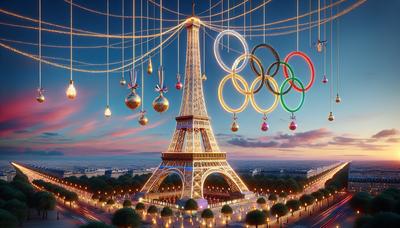 Tour Eiffel avec des anneaux olympiques et des décorations festives.