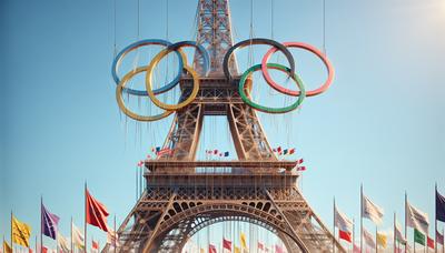 Tour Eiffel avec anneaux olympiques et banderoles de protestation