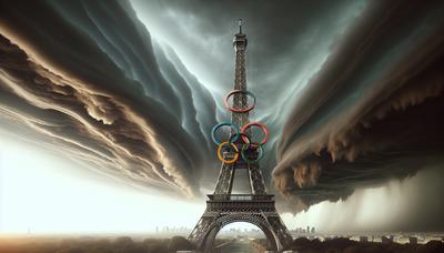 Tour Eiffel avec les anneaux olympiques sous un ciel orageux